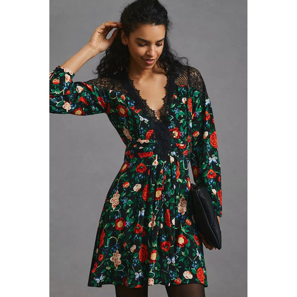 by Anthropologie Dresses & Skirts - Anthropologie Lacy V-Neck Mini Dress Black Floral Womens 6 Dark Romantic Lace